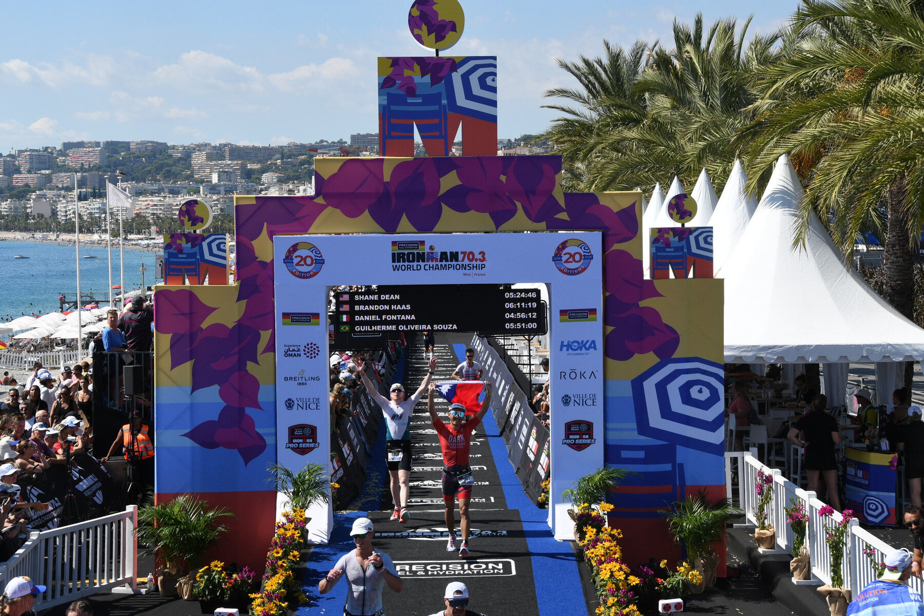 Nick Hsieh crossing the finish arch at the 2026 IRONMAN 70.3 World Championship, Nice, France